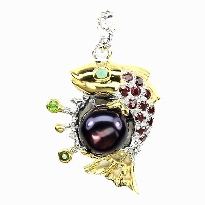 Perle Rhodolit Chromdiopsid Smaragd Fisch Anhänger aus bicolor vergoldetem Silber - INARA