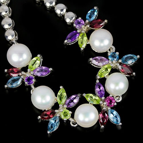 Rhodolit Blautopas Amethyst Peridot Perle Armband Silber weißvergoldet - INARA