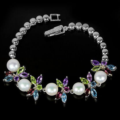 Rhodolit Blautopas Amethyst Peridot Perle Armband Silber weißvergoldet - INARA