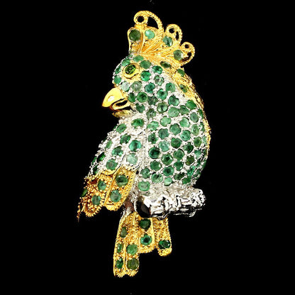 Brosche Papagei Vogel Smaragd Chromdiopsid 925 Silber 585 bicolor vergoldet Silber - INARA
