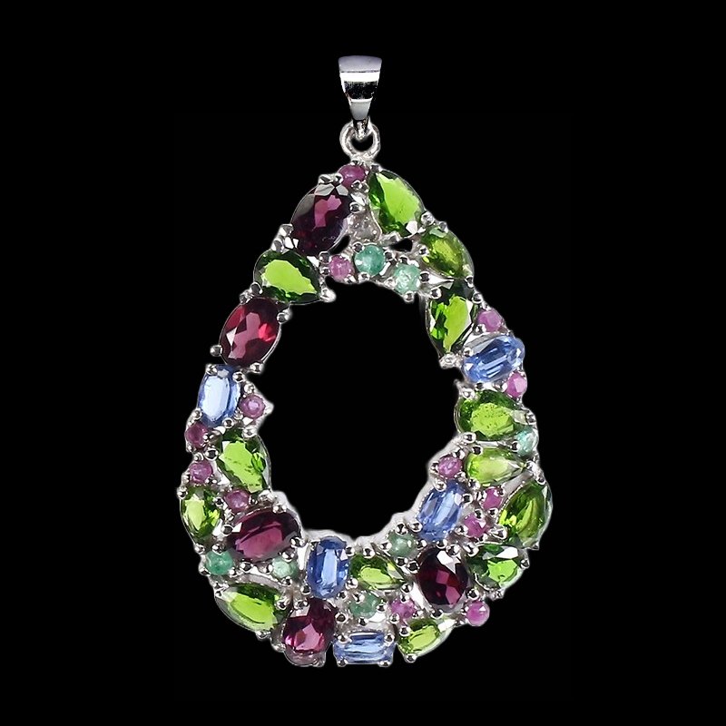 Chromdiopsid Rhodolit Kyanit Smaragd Rubin Anhänger aus weißvergoldetem Silber - INARA