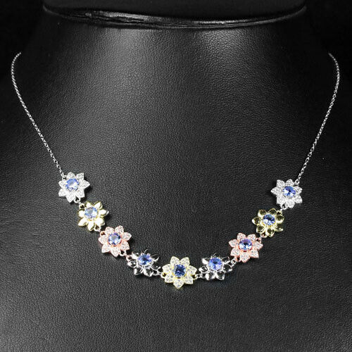 Collier Blüten Tansanit 925 Silber 585 tricolor vergoldet Silber - INARA