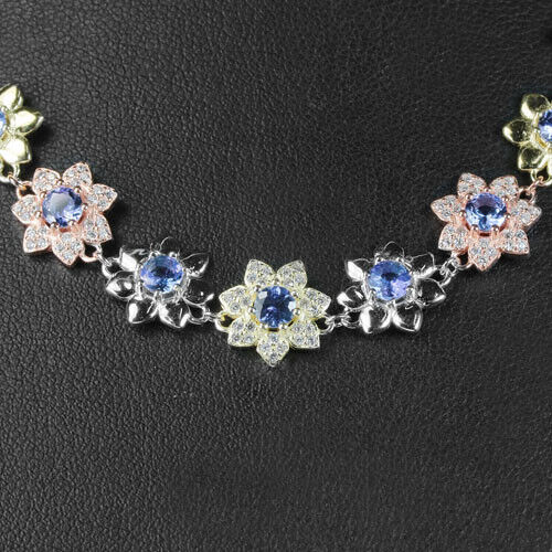 Collier Blüten Tansanit 925 Silber 585 tricolor vergoldet Silber - INARA