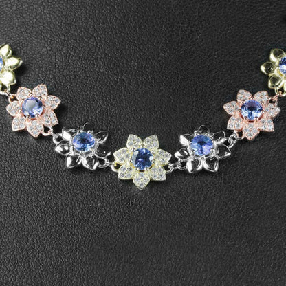 Collier Blüten Tansanit 925 Silber 585 tricolor vergoldet Silber - INARA