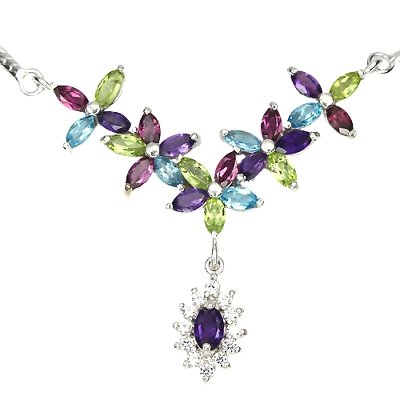 Collier Halskette Amethyst Peridot Rhodolit Blautopas Silber - INARA