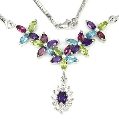 Collier Halskette Amethyst Peridot Rhodolit Blautopas Silber - INARA