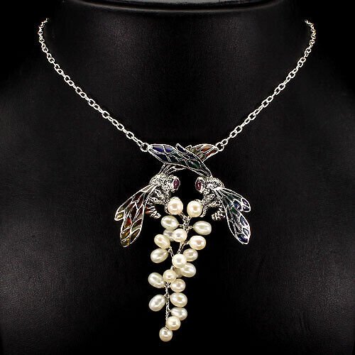 Perle Rubin Bienen Collier aus weißvergoldetem Silber - INARA
