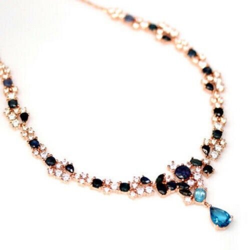 Collier Halskette Blautopas Saphir 925 Silber 585 Roségold vergoldet Silber - INARA