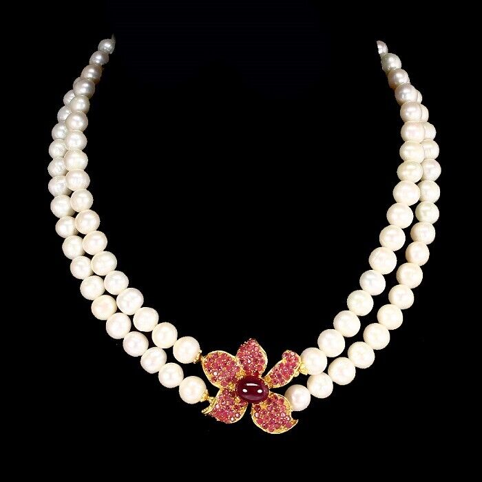 Rubin Perle Blüten Collier aus gelbvergoldetem Silber - INARA