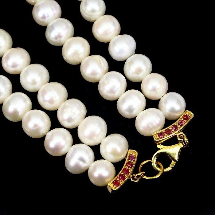 Rubin Perle Blüten Collier aus gelbvergoldetem Silber - INARA