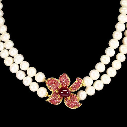 Rubin Perle Blüten Collier aus gelbvergoldetem Silber - INARA