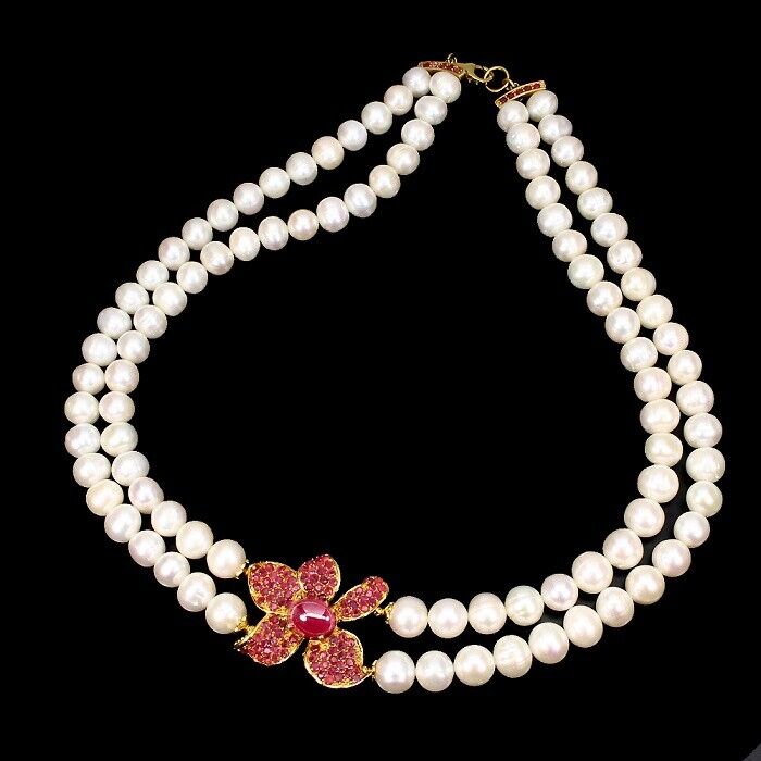 Rubin Perle Blüten Collier aus gelbvergoldetem Silber - INARA