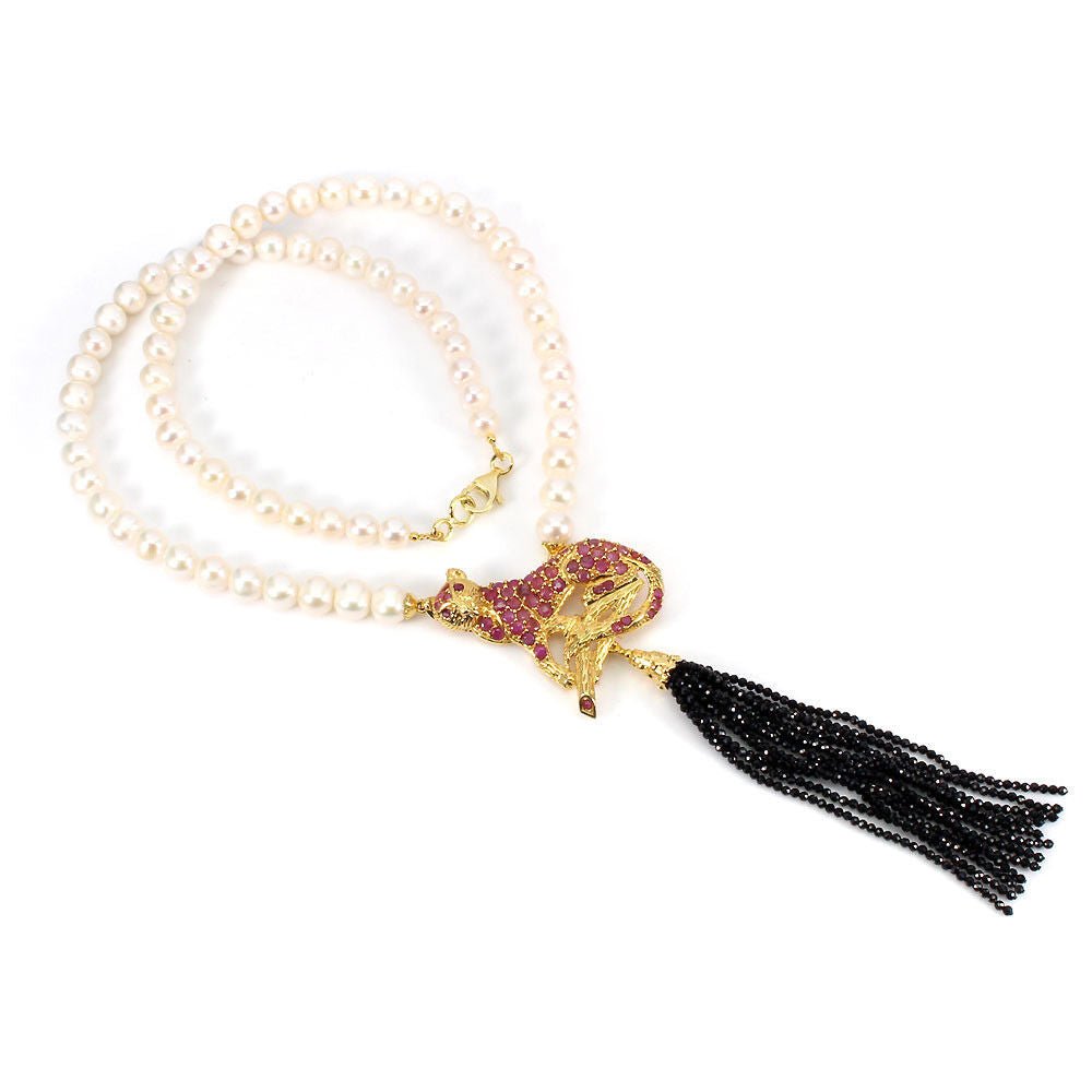 Collier Halskette Raubkatze Perle Rubin Spinell 925 Silber 585 Gelbgold verg. Silber - INARA