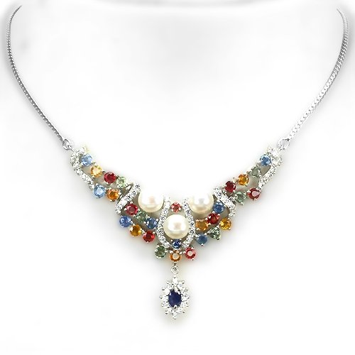 Collier Halskette Saphir gelb rot grün blau Perle 925 Silber 585 Weißgold verg. Silber - INARA