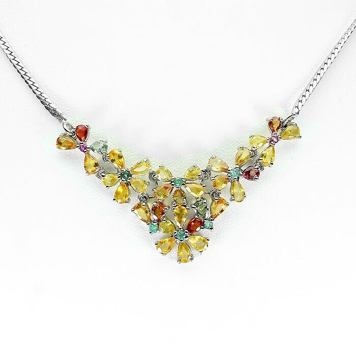 Collier Halskette Saphir Smaragd Rhodolit 925 Silber 585 Weißgold vergoldet Silber - INARA