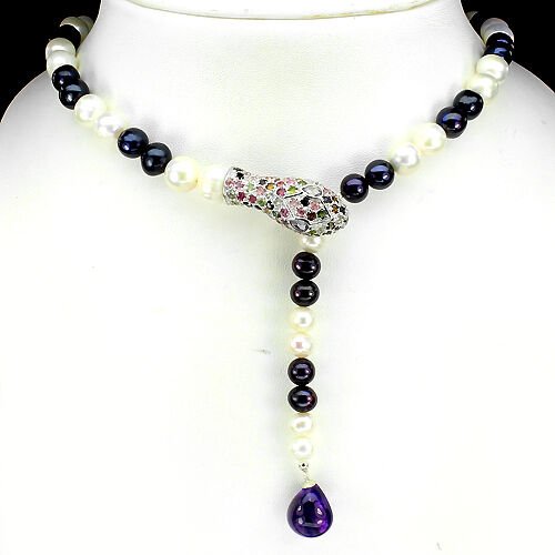 Collier Schlange Perle Turmalin Blautopas Amethyst 925 Silber 585 Weißgold verg. Silber - INARA