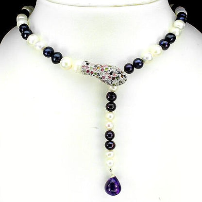 Collier Schlange Perle Turmalin Blautopas Amethyst 925 Silber 585 Weißgold verg. Silber - INARA
