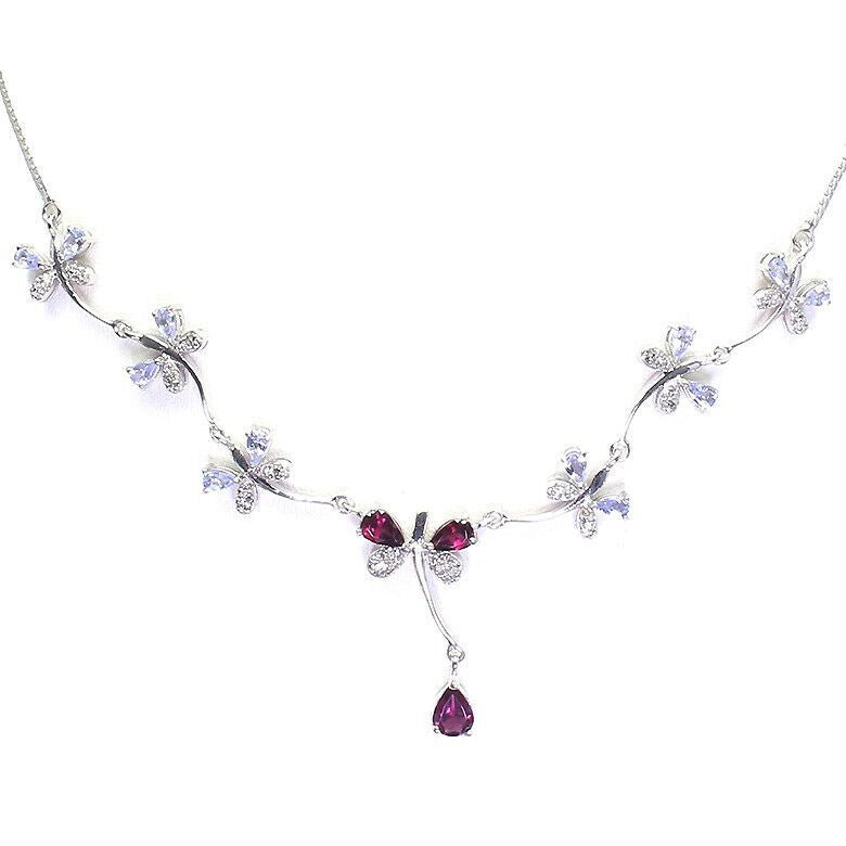 Tansanit Rhodolit Weißtopas Schmetterling Collier aus weißvergoldetem Silber - INARA