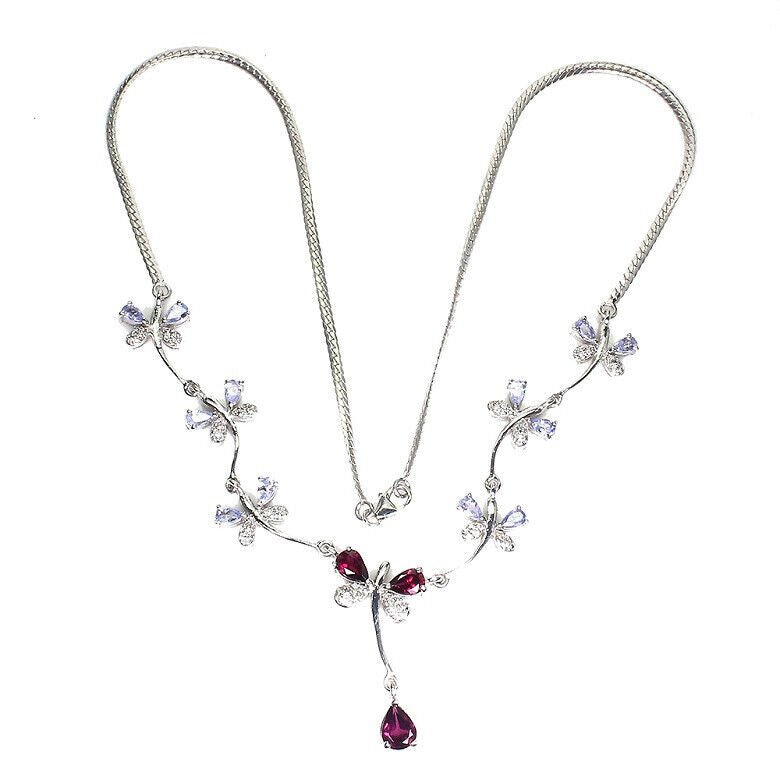 Tansanit Rhodolit Weißtopas Schmetterling Collier aus weißvergoldetem Silber - INARA