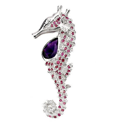 Amethyst Rubin Seepferdchen Brosche Silber - INARA