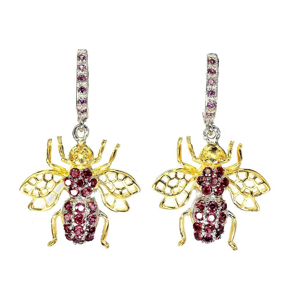 Große Ohrringe Biene Rhodolit 925 Silber 585 bicolor vergoldet Silber - INARA