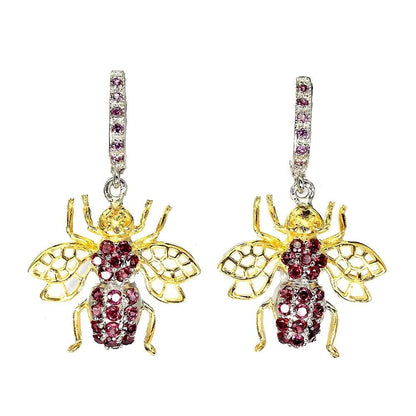 Große Ohrringe Biene Rhodolit 925 Silber 585 bicolor vergoldet Silber - INARA
