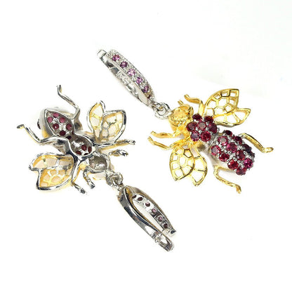 Große Ohrringe Biene Rhodolit 925 Silber 585 bicolor vergoldet Silber - INARA