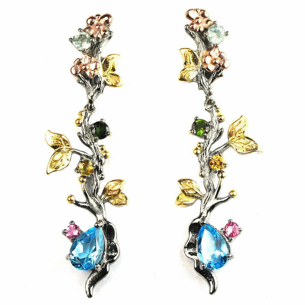 Große Ohrringe Blautopas Swiss Blue Turmalin 925 Silber 585 vergoldet Silber - INARA