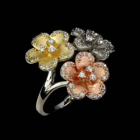 Großer Blüten Ring Cubic Zirconia 925 Silber 585 tricolor vergoldet Gr. 57 Silber - INARA