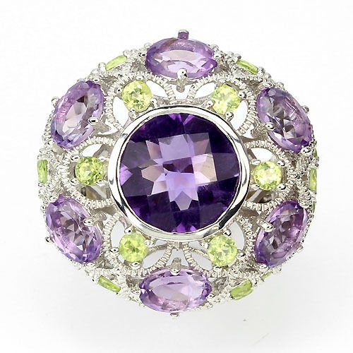 Großer Ring Amethyst Peridot 925 Silber 585 Weißgold vergoldet Gr. 58 Silber - INARA