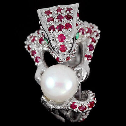 Rubin Smaragd Perle Leguan Ring aus weißvergoldetem Silber - INARA
