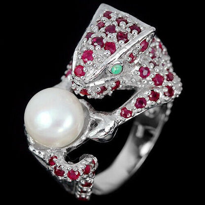 Rubin Smaragd Perle Leguan Ring aus weißvergoldetem Silber - INARA