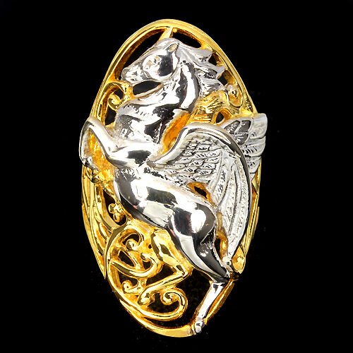 Großer Ring Pegasus Pferd 925 Silber 585 bicolor vergoldet Gr. 57 Silber - INARA