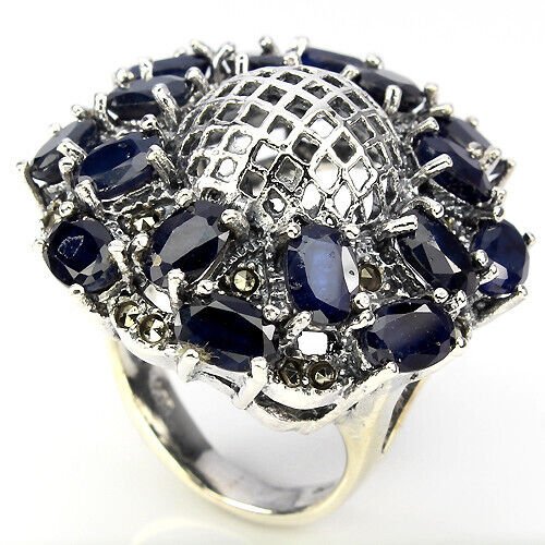 Großer Ring Saphir blau Markasit 925 Sterling Silber Gr. 54 Silber - INARA