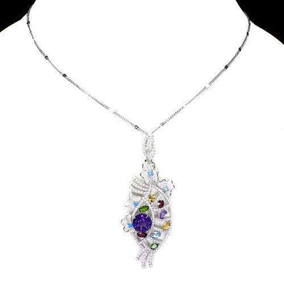 Amethyst Blautopas Citrin Chromdiopsid Rhodolit Halskette aus weißvergoldetem Silber - INARA