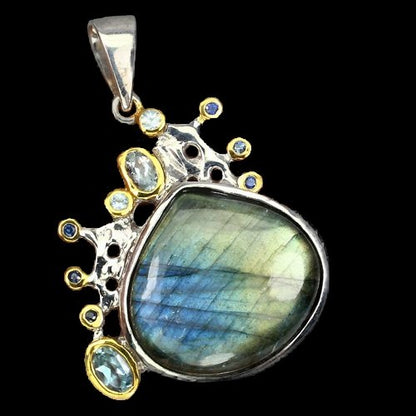 Labradorit Aquamarin Saphir Anhänger aus bicolor vergoldetem Silber - INARA