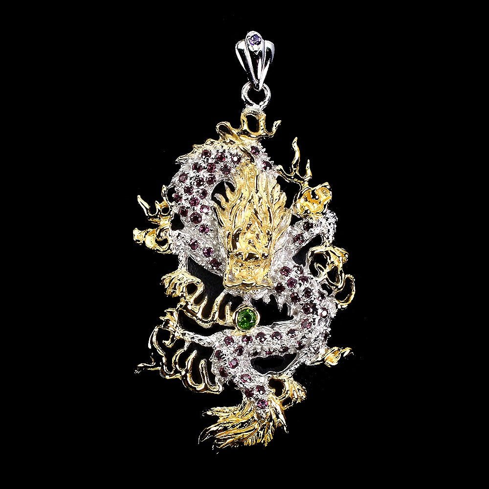 Rhodolit Chromdiopsid Amethyst Drache Anhänger aus bicolor vergoldetem Silber - INARA