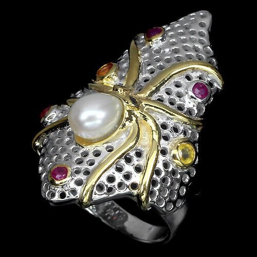 Ring Oktopus Krake Perle Saphir Rubin 925 Silber 585 bicolor vergoldet Gr. 57 Silber - INARA