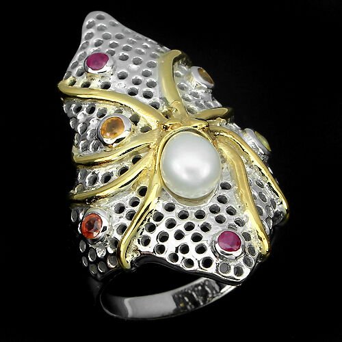 Ring Oktopus Krake Saphir Rubin Perle 925 Silber 585 bicolor vergoldet Gr. 56 Silber - INARA