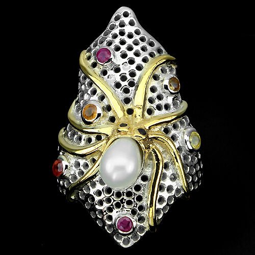 Ring Oktopus Krake Saphir Rubin Perle 925 Silber 585 bicolor vergoldet Gr. 56 Silber - INARA