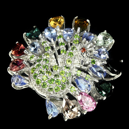 Turmalin Tansanit Chromdiopsid Pfau Ring aus weißvergoldetem Silber - INARA