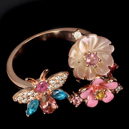 Turmalin Apatit Perlmutt Schmetterling Ring aus rosévergoldetem Silber - INARA