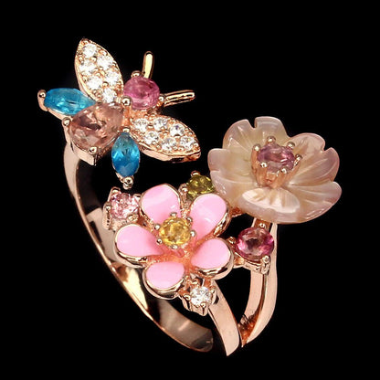 Turmalin Apatit Perlmutt Schmetterling Ring aus rosévergoldetem Silber - INARA