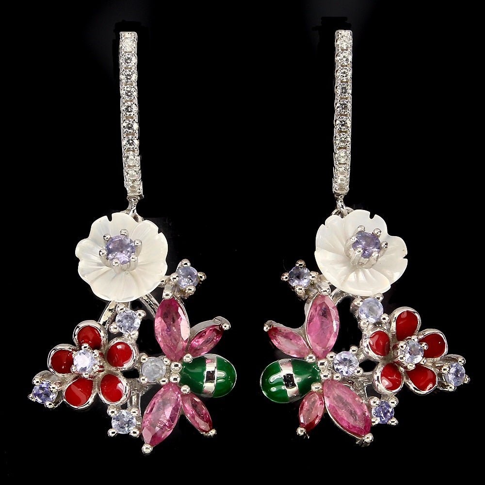 Rosa Turmalin Tansanit Perlmutt Biene Ohrringe aus weißvergoldetem Silber - INARA