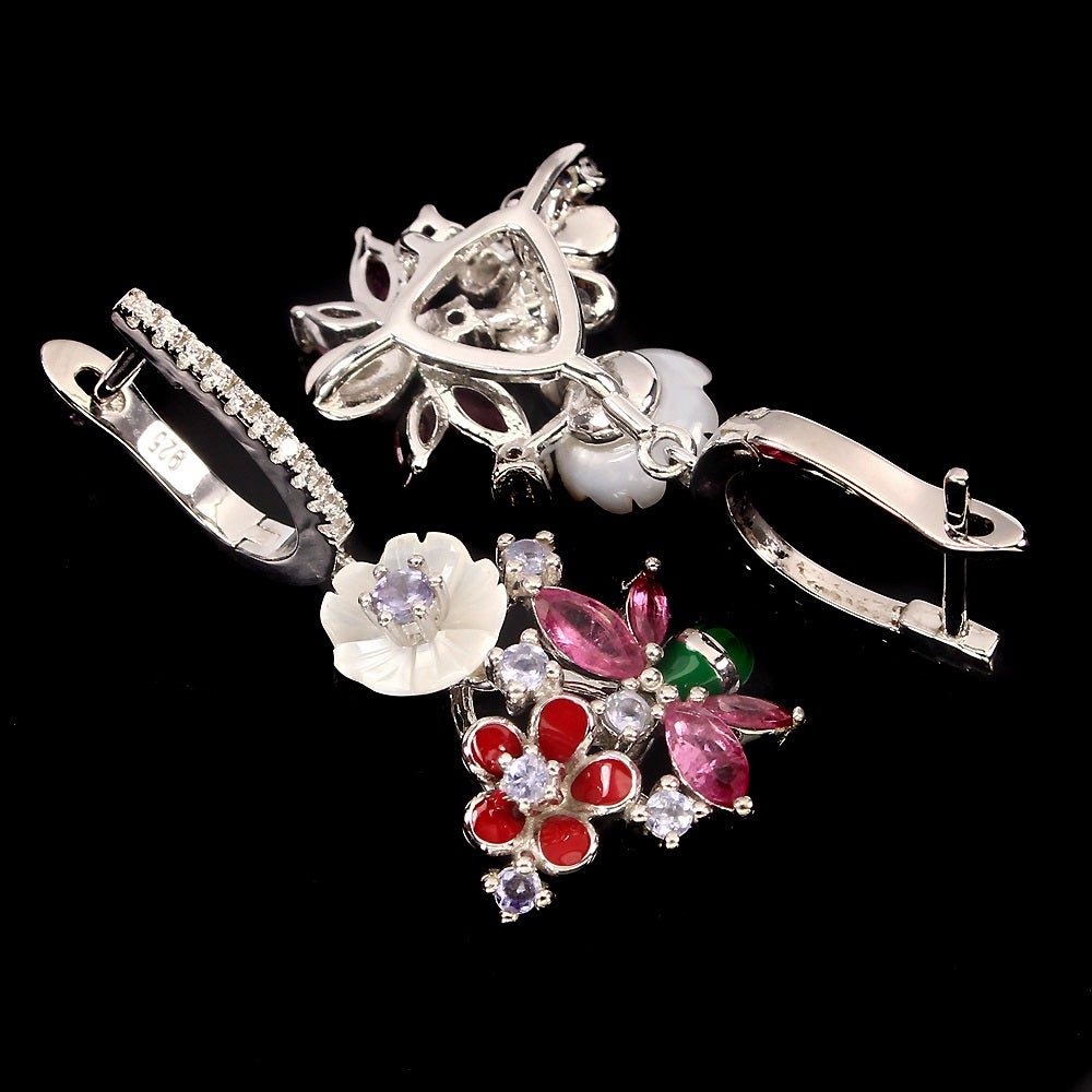 Rosa Turmalin Tansanit Perlmutt Biene Ohrringe aus weißvergoldetem Silber - INARA