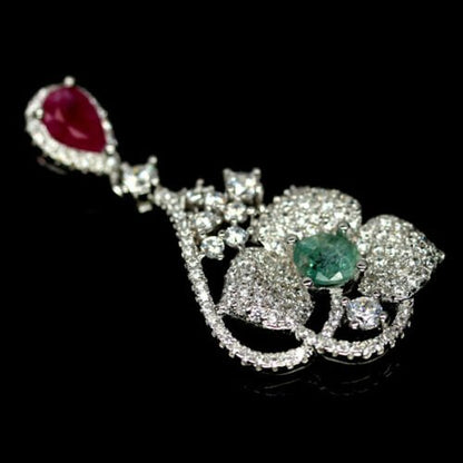 Rubin Smaragd Blume Anhänger Silber weißvergoldet - INARA