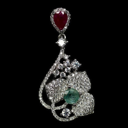 Rubin Smaragd Blume Anhänger Silber weißvergoldet - INARA