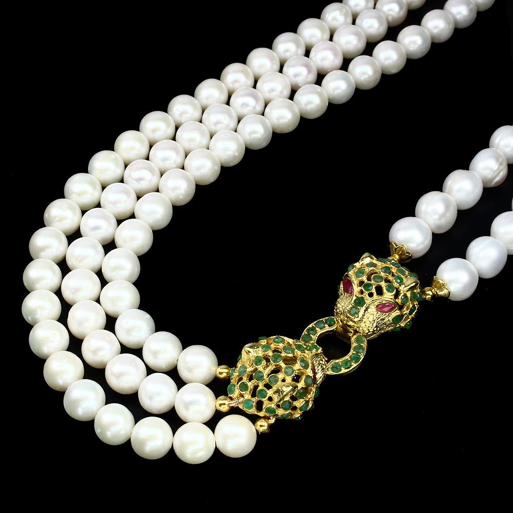 Smaragd Rubin Perle Raubkatze Collier Silber - INARA