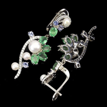 Smaragd Tansanit Perle Ohrringe aus weißvergoldetem Silber - INARA