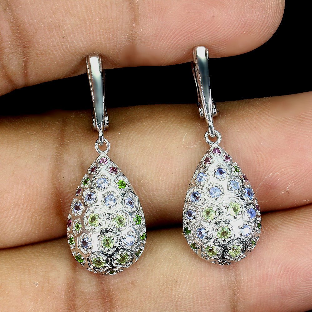 Tansanit Peridot Chromdiopsid Rhodolit Ohrringe Silber - INARA